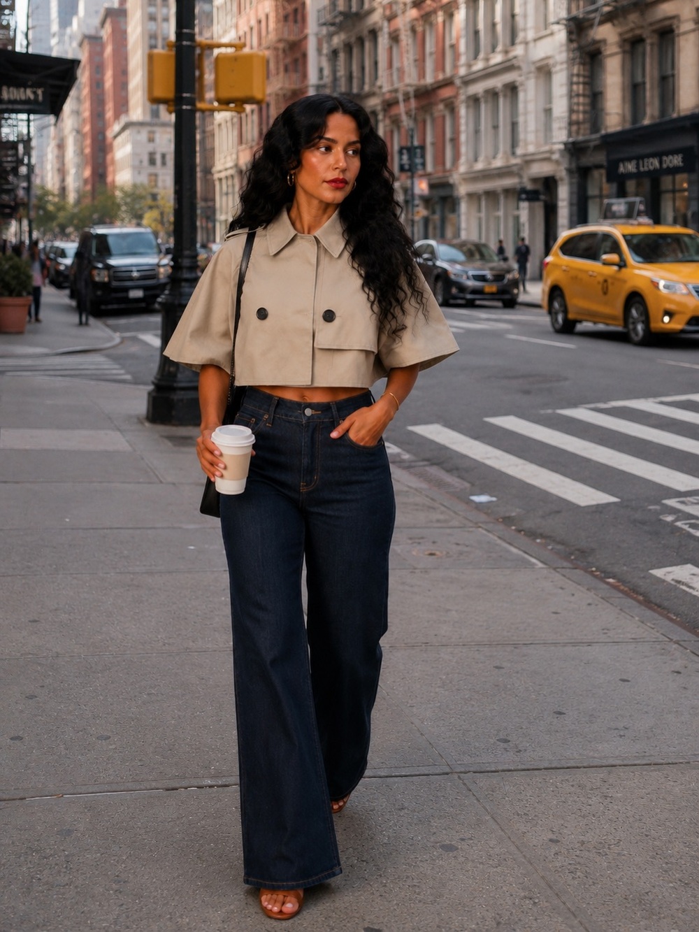 Beige Cropped Cape Jacket Double Breasted